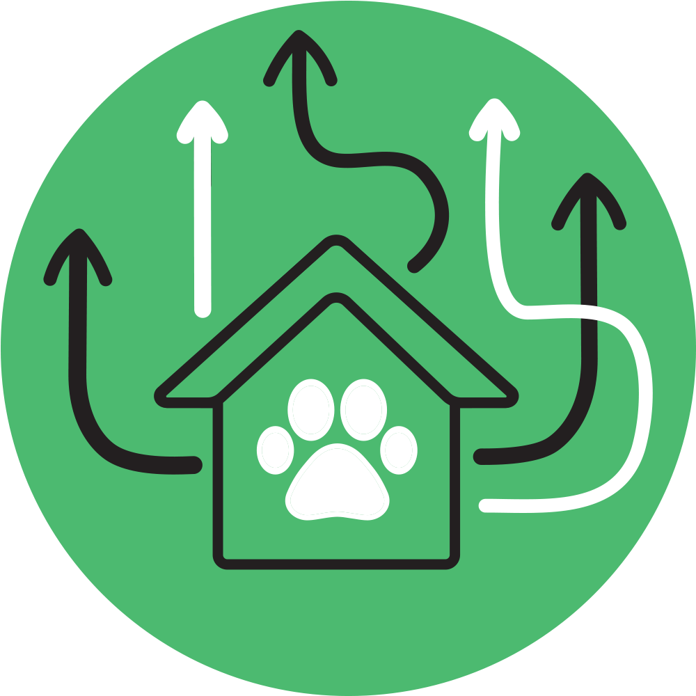 Green circular icon featuring a pet house with a paw print, with multiple black and white arrows pointing upward to represent growth.