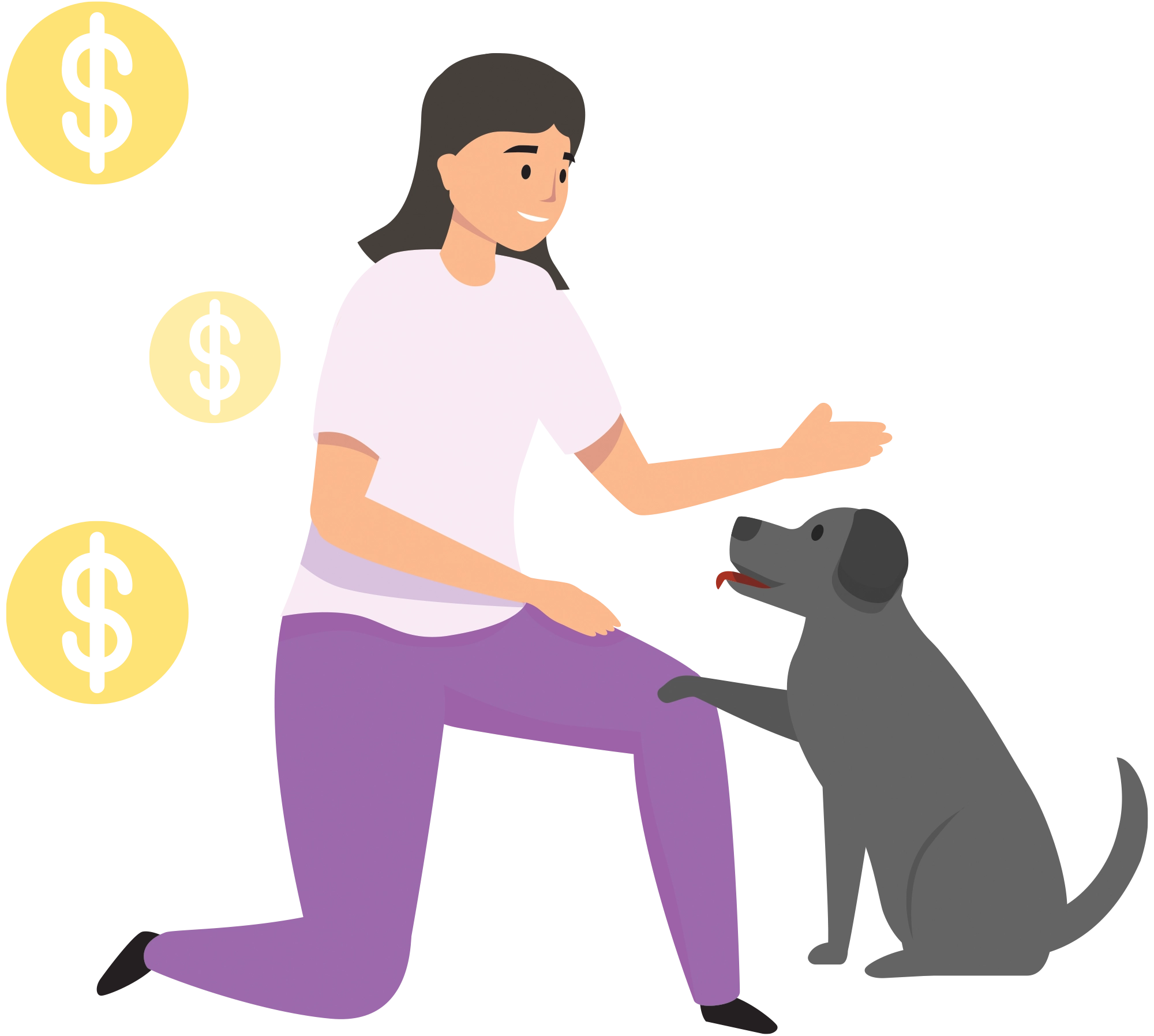 A flat illustration of a woman kneeling to interact with a black dog, with three yellow dollar sign icons floating nearby.