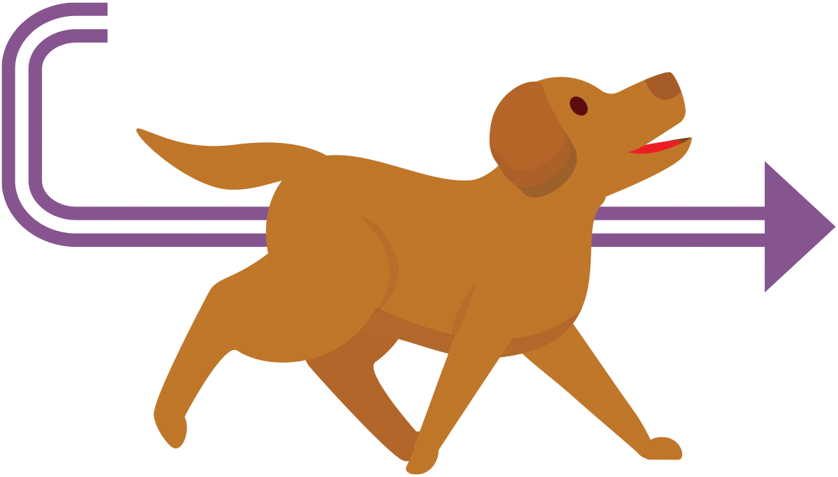 A flat illustration of a brown dog walking forward, overlaid with a purple arrow that curves around its rear and points to the right.