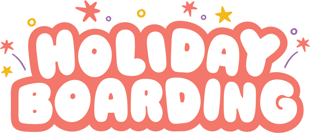 Whimsical white text with a thick pink outline reads "HOLIDAY BOARDING," decorated with festive colorful stars and small celebratory sparks.
