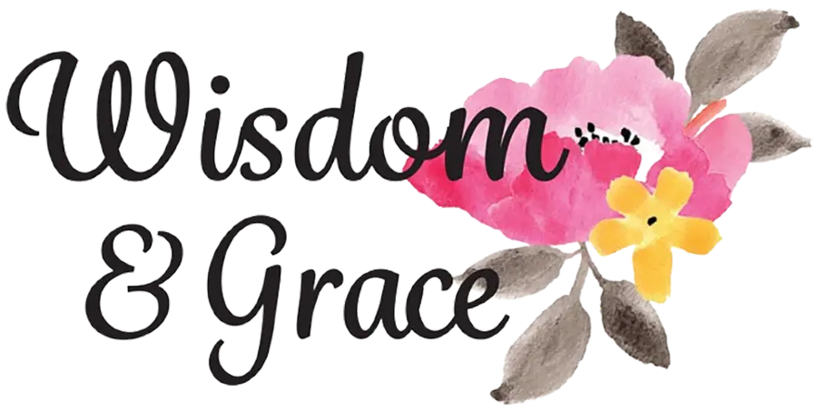 Black digital stylized typography that reads Wisdom & Grace with a watercolor flower illustration located right beside it