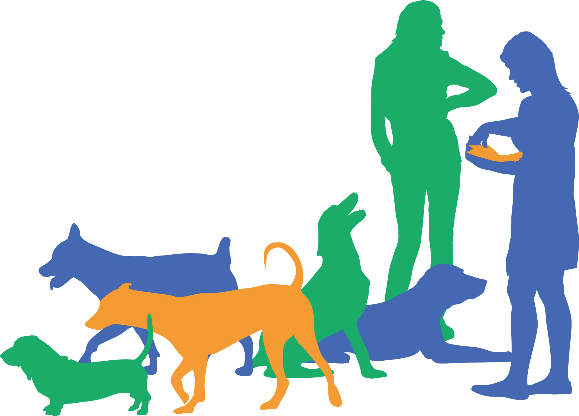 Colorful silhouettes of two women standing and interacting with a group of five dogs.