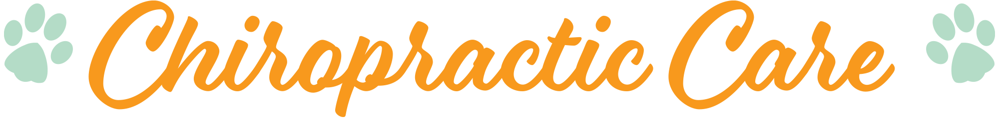 Text graphic reading "Chiropractic Care" in orange cursive script, flanked by a light green paw print on each side.