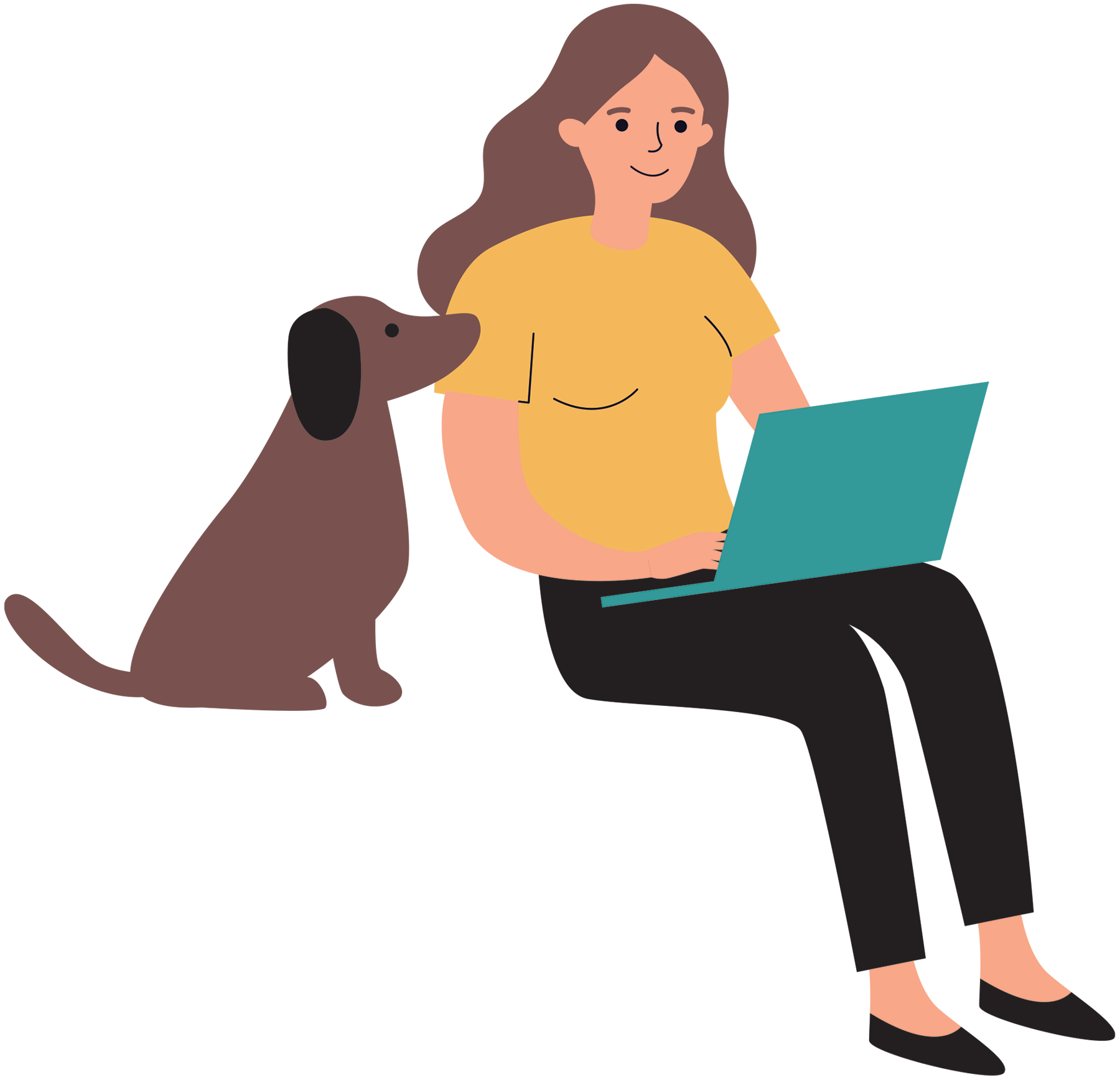 Flat design illustration of a smiling woman sitting down and working on a teal laptop next to a small brown dog.