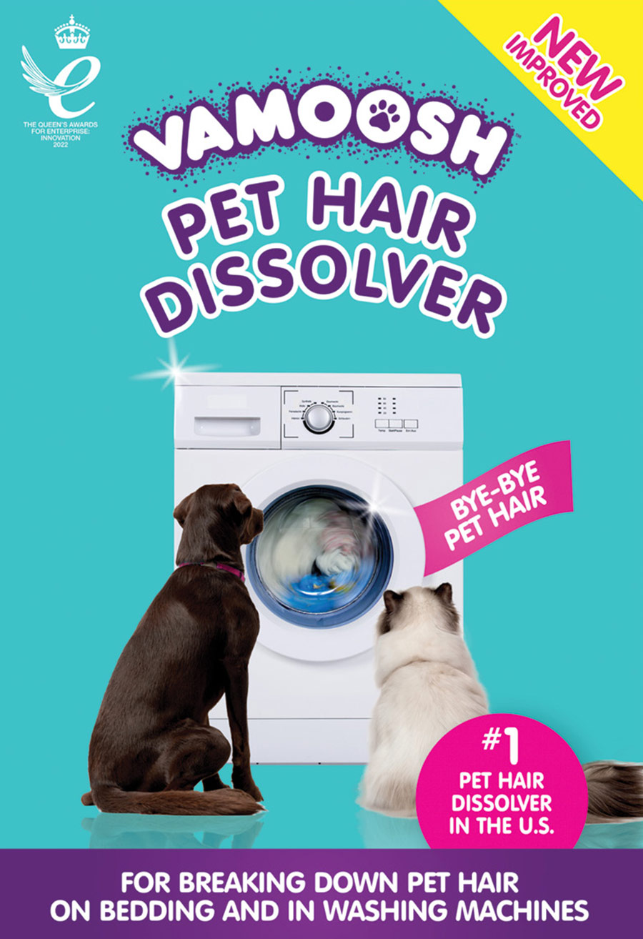 Vamoosh Pet Hair Dissolver promotional advertisement of a dog and a cat staring directly at a front-loading washing machine