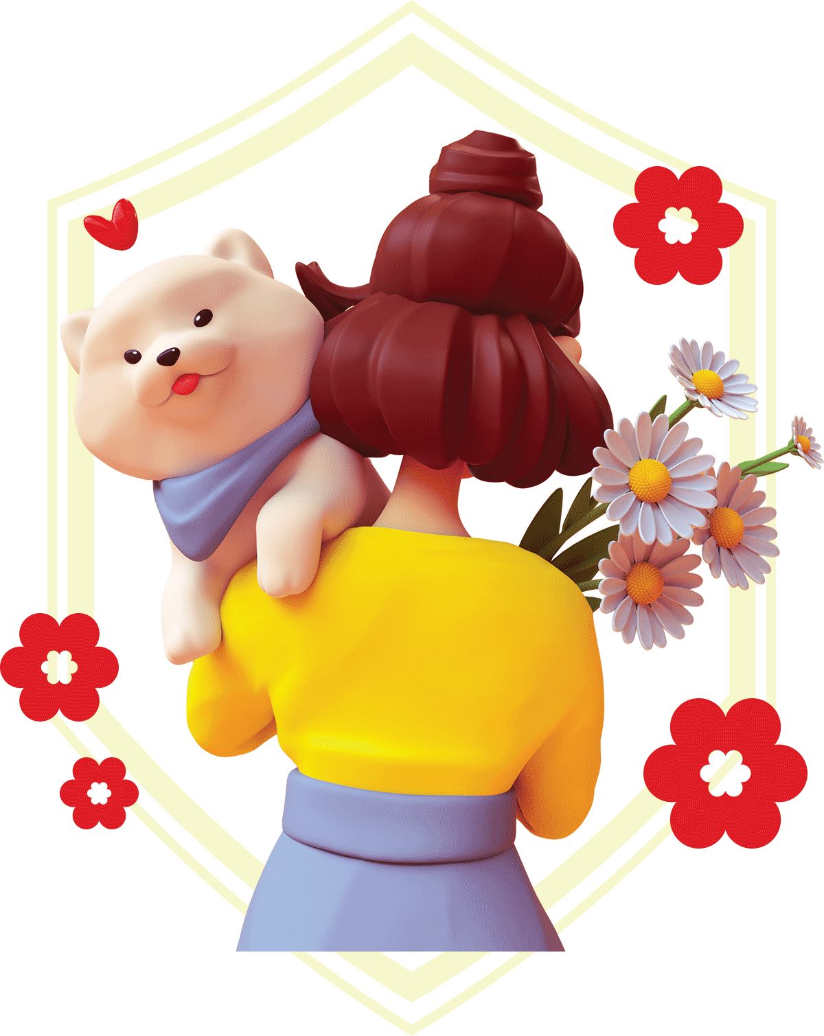 Vertical illustration of a woman from behind holding a fluffy white puppy on her shoulder.
