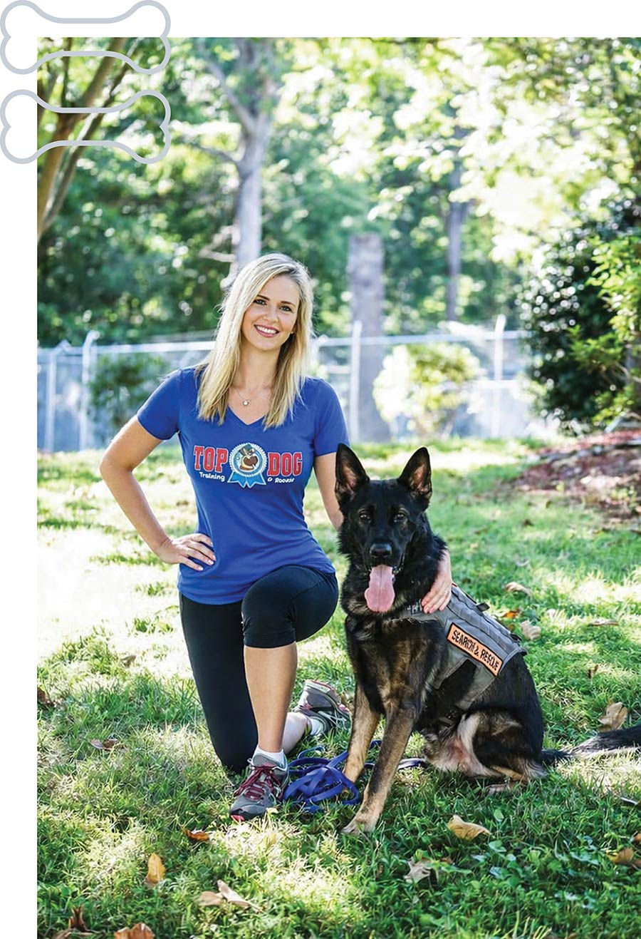 A trainer in a blue shirt kneels beside a German Shepherd wearing a search vest.