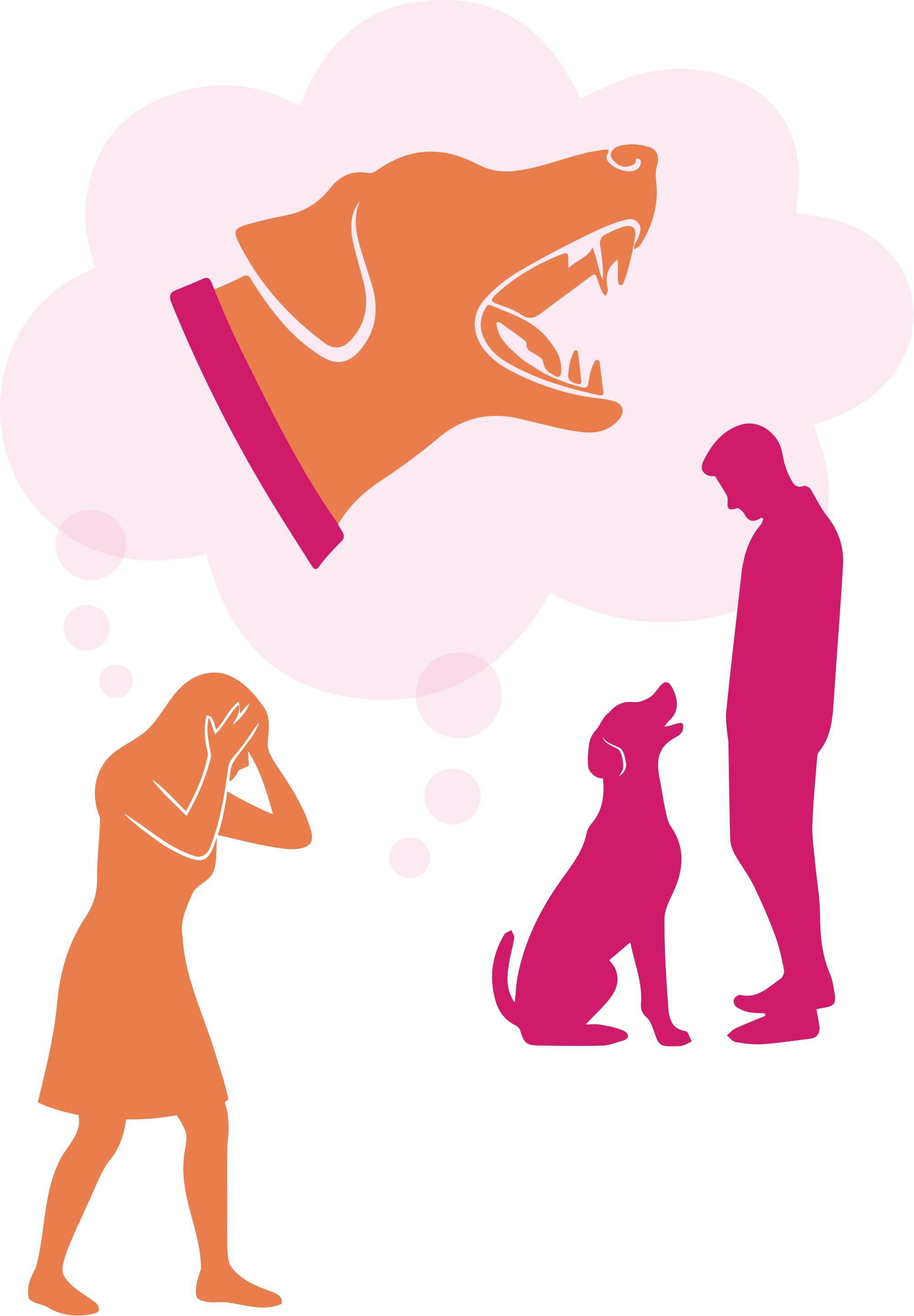 An illustration of a distressed woman imagining a barking dog while a man and dog stand nearby.