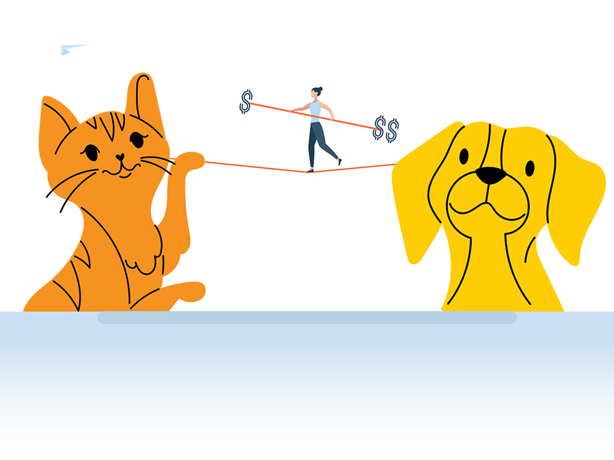 An illustration of a person tightrope-walking between a cat and dog while holding dollar-sign weights.