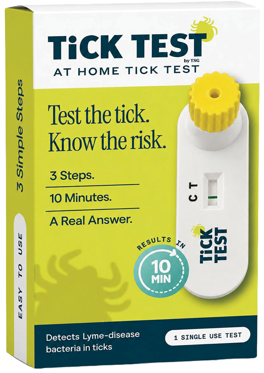 Product packaging for an at-home tick test kit with a rapid test cassette.