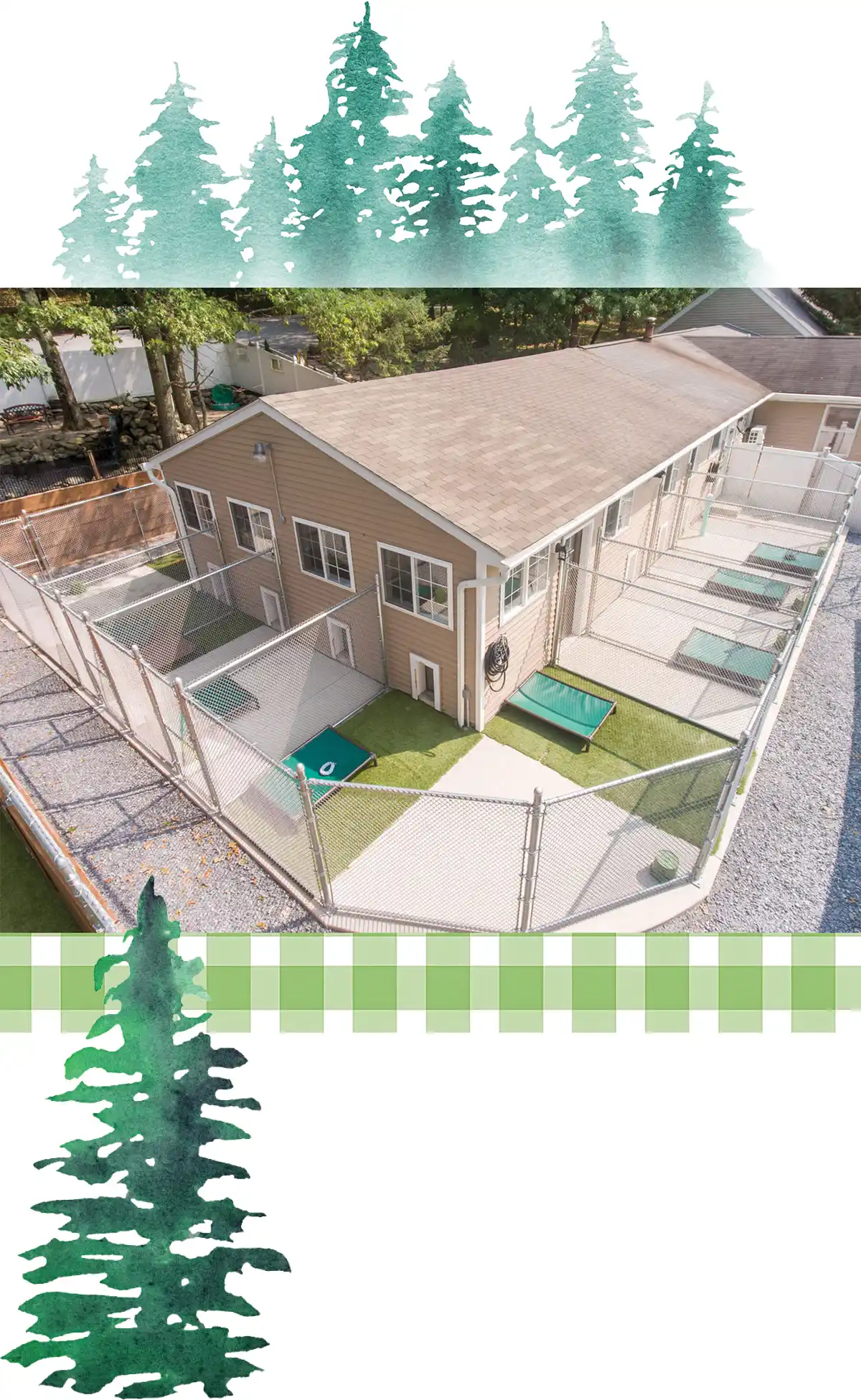 Aerial view of a pet boarding building surrounded by fenced outdoor dog runs equipped with raised cots.