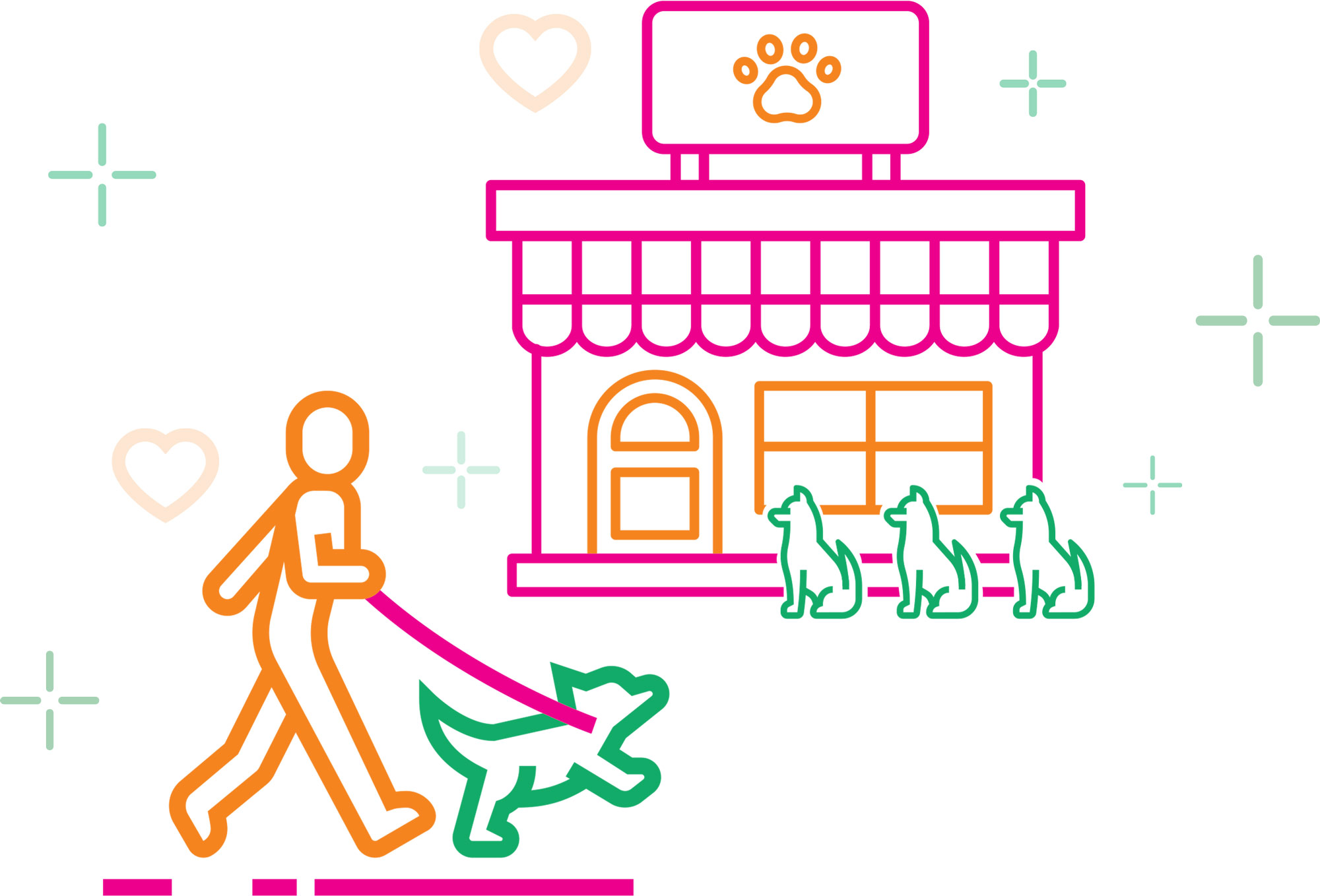 Colorful line icon illustration of a person walking a dog outside a pet store with a paw print sign.